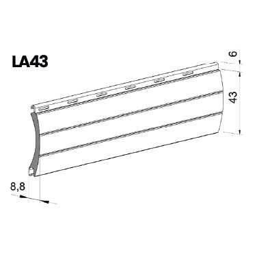 Technický nákres profilu lamely LA 43 s kótami výšky 43 mm a tloušťky 8,8 mm