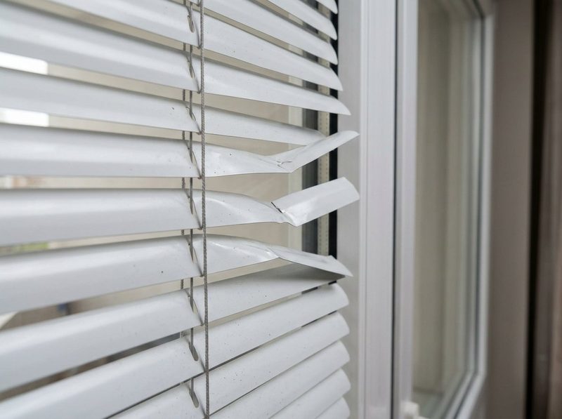 Detail bílé horizontální žaluzie u okna, tři lamely jsou u kraje zalomené a pomačkané